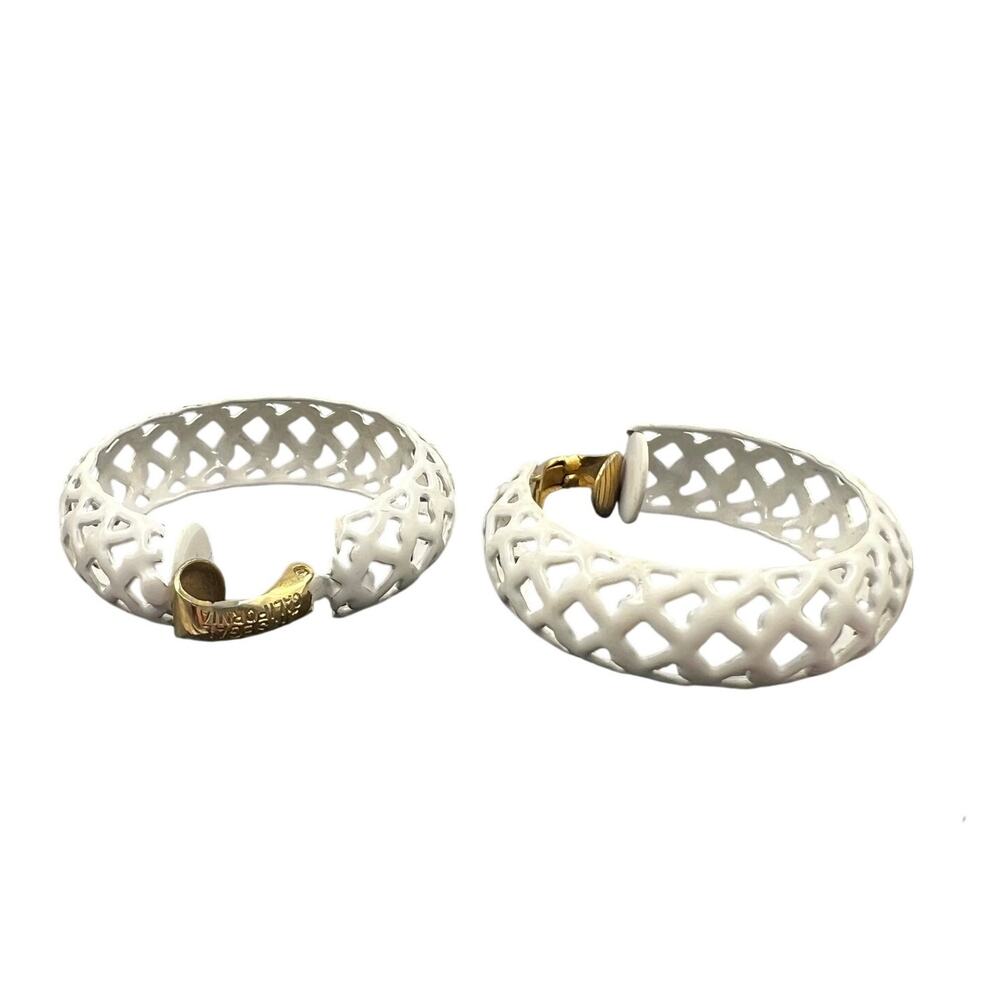 Vintage L. H. Segal California White Enamel Clip On Hoop‎ Earrings Lattice
